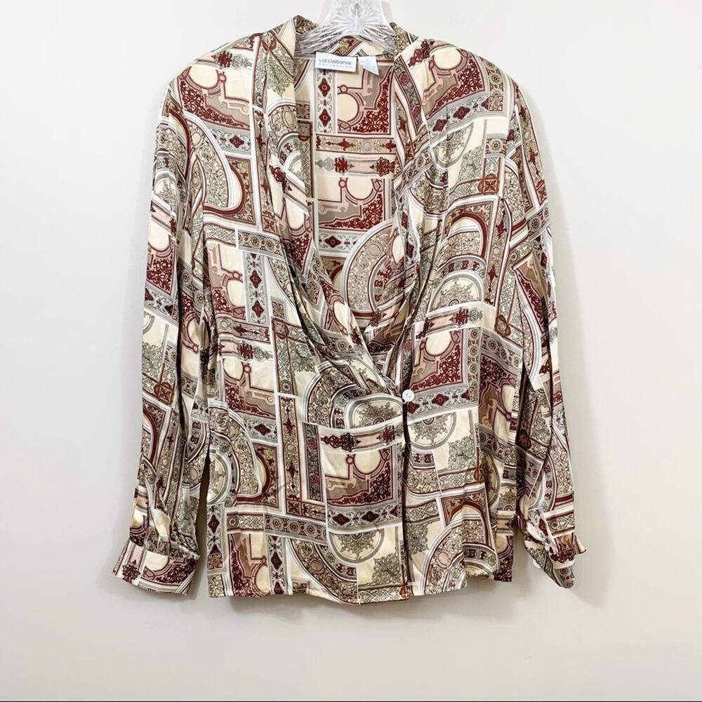 Vintage Liz Claiborne Silk Tan/Brown Wood Frame Pattern Blouse/Blazer - Picture 1 of 7